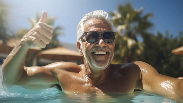 senior-man-genieten-zomer-zwembad